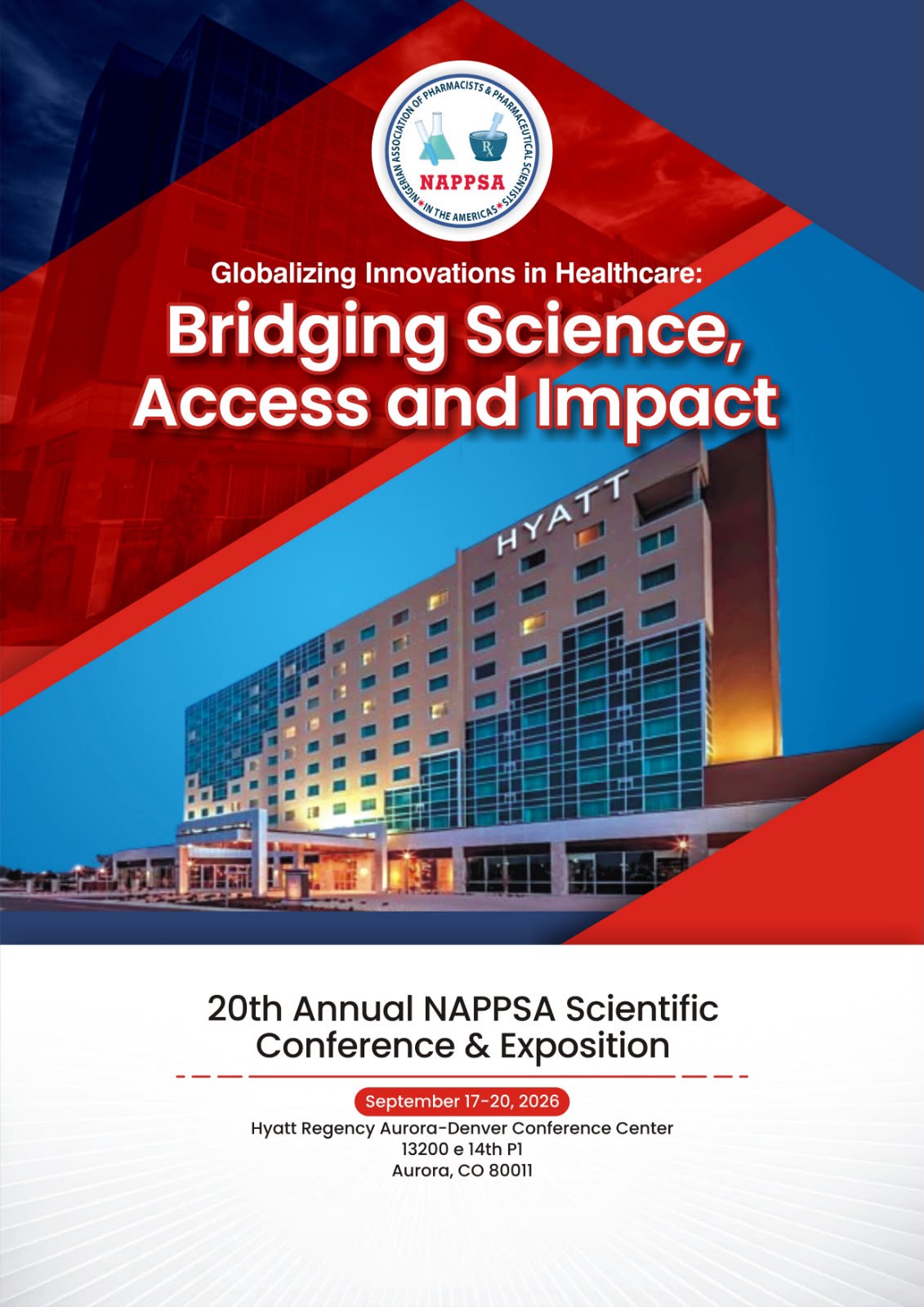 NAPPSA 2026 conference flyer: Globalizing Innovations in Healthcare — Bridging Science, Access and Impact, September 17–20, 2026, Hyatt Regency Aurora–Denver Conference Center
